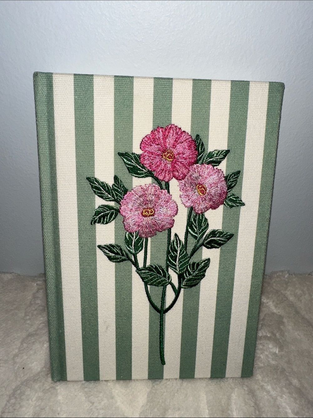 PS White Green Stripes Embroidered Pink Floral hard cover lined pages journal